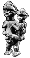 Mbala (Kongo-Kinshasa). Mutter-und-Kind-Figur. <br>Holz, 43 cm. Sammlung C.P. Meulendijk, Rotterdam.